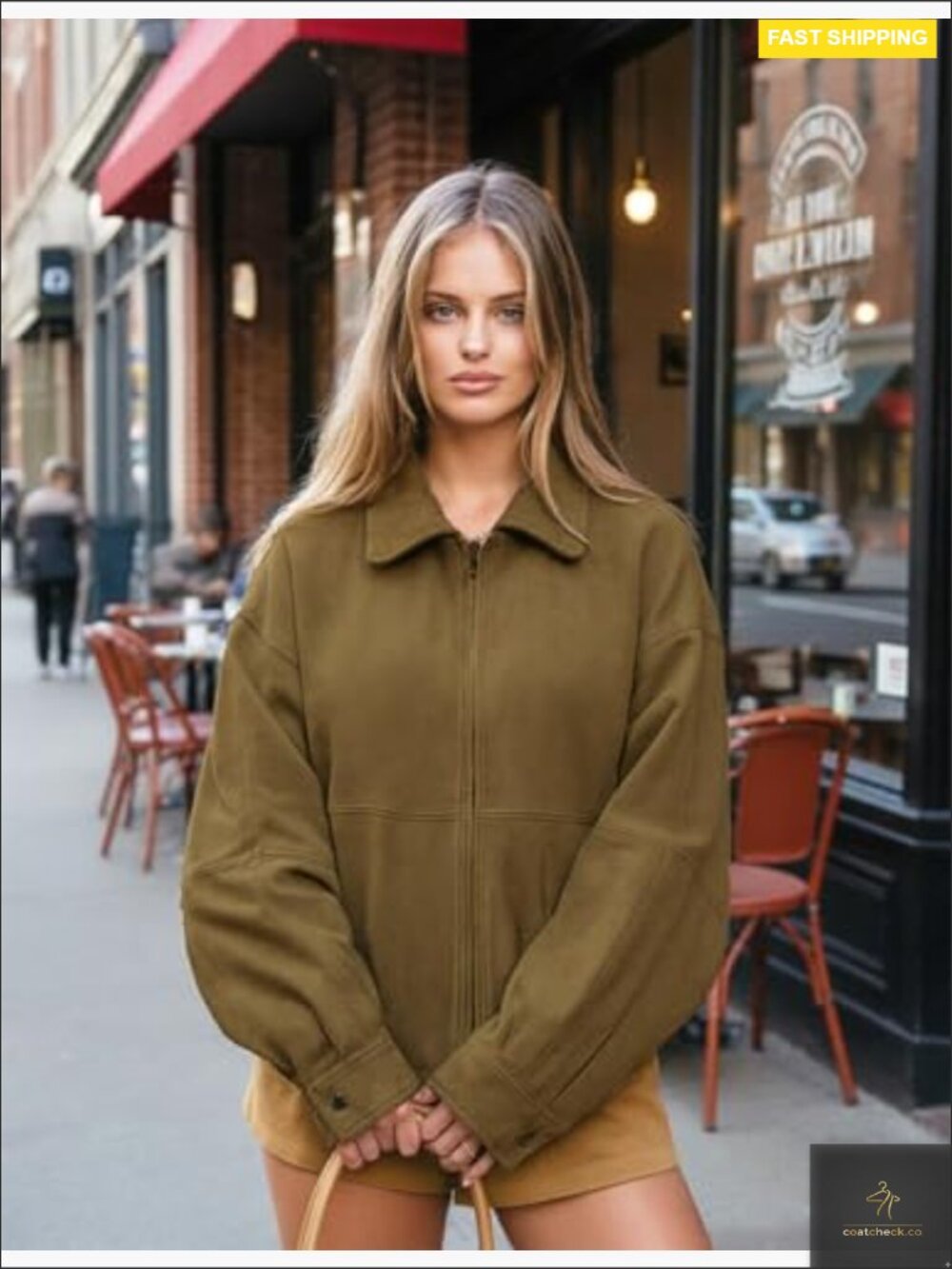 Oversized Faux Suede Bomber Jacket Trendy Casual Zip Up Long Sleeve Coat with - Picture 3 of 7